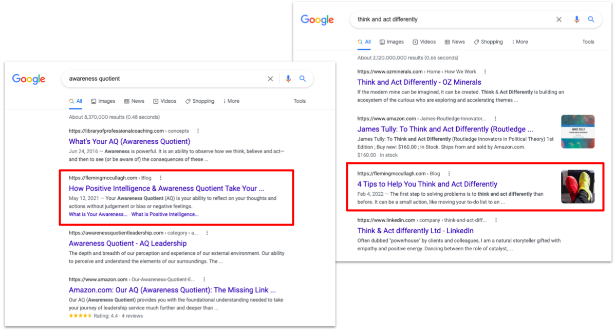 Google search page results showing two of my articles ranked second and third