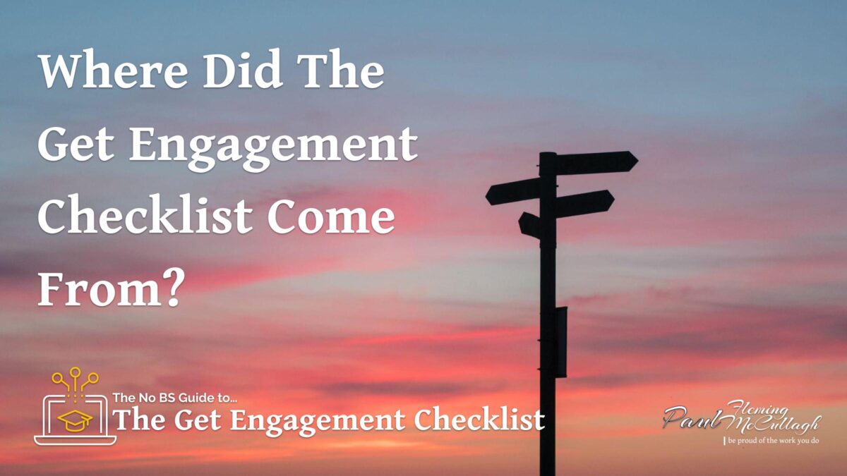 A street sign post with 4 arrows, in silhouette with a purple and orange sunset in the background, representing where did The Get Engagement Checklist come from